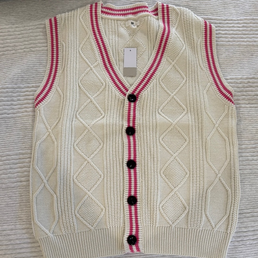 Cream Knit Vest with Pink Stripes